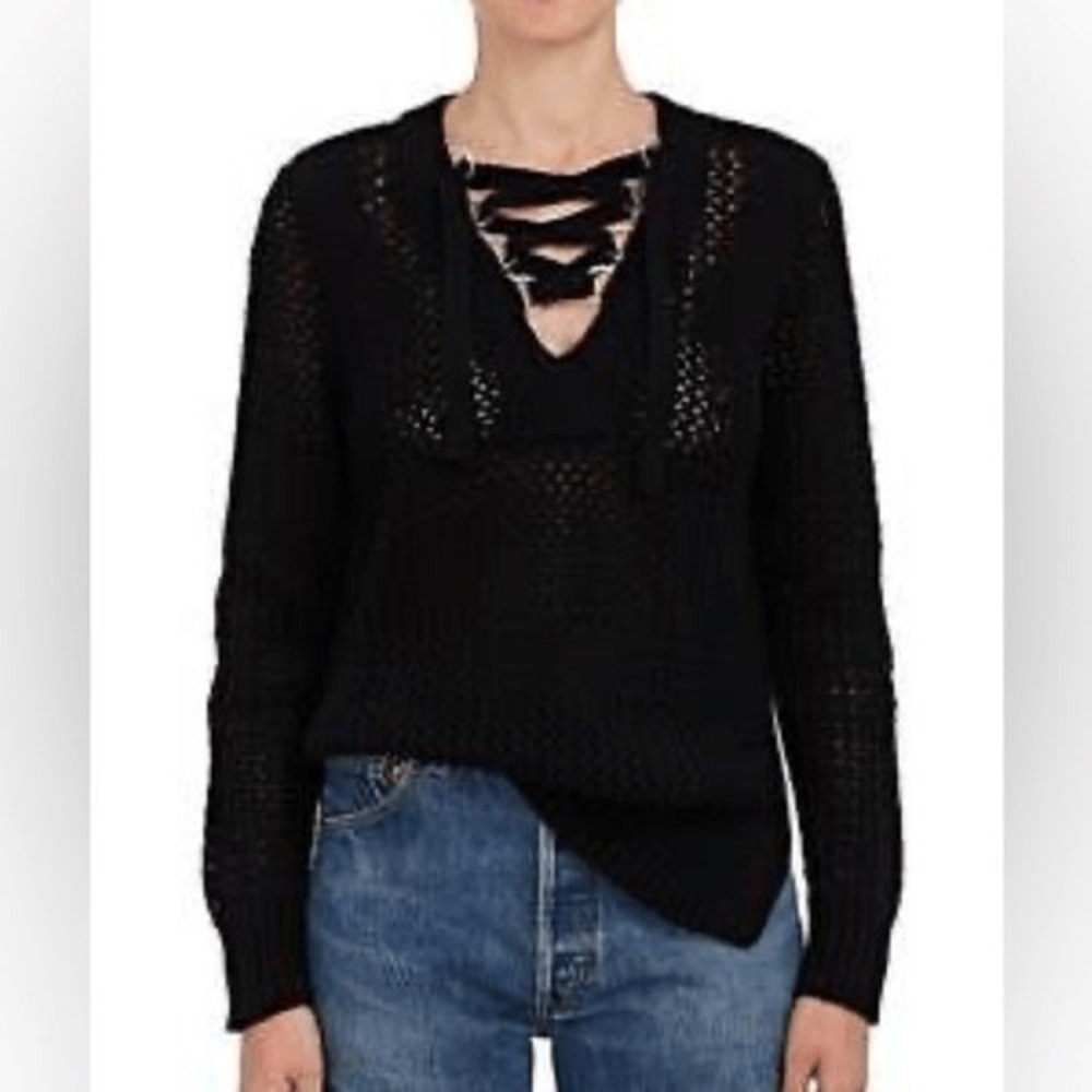 Derek Lam 10 Crosby Black Cotton Lace Up Open Knit Crochet Sweater Small